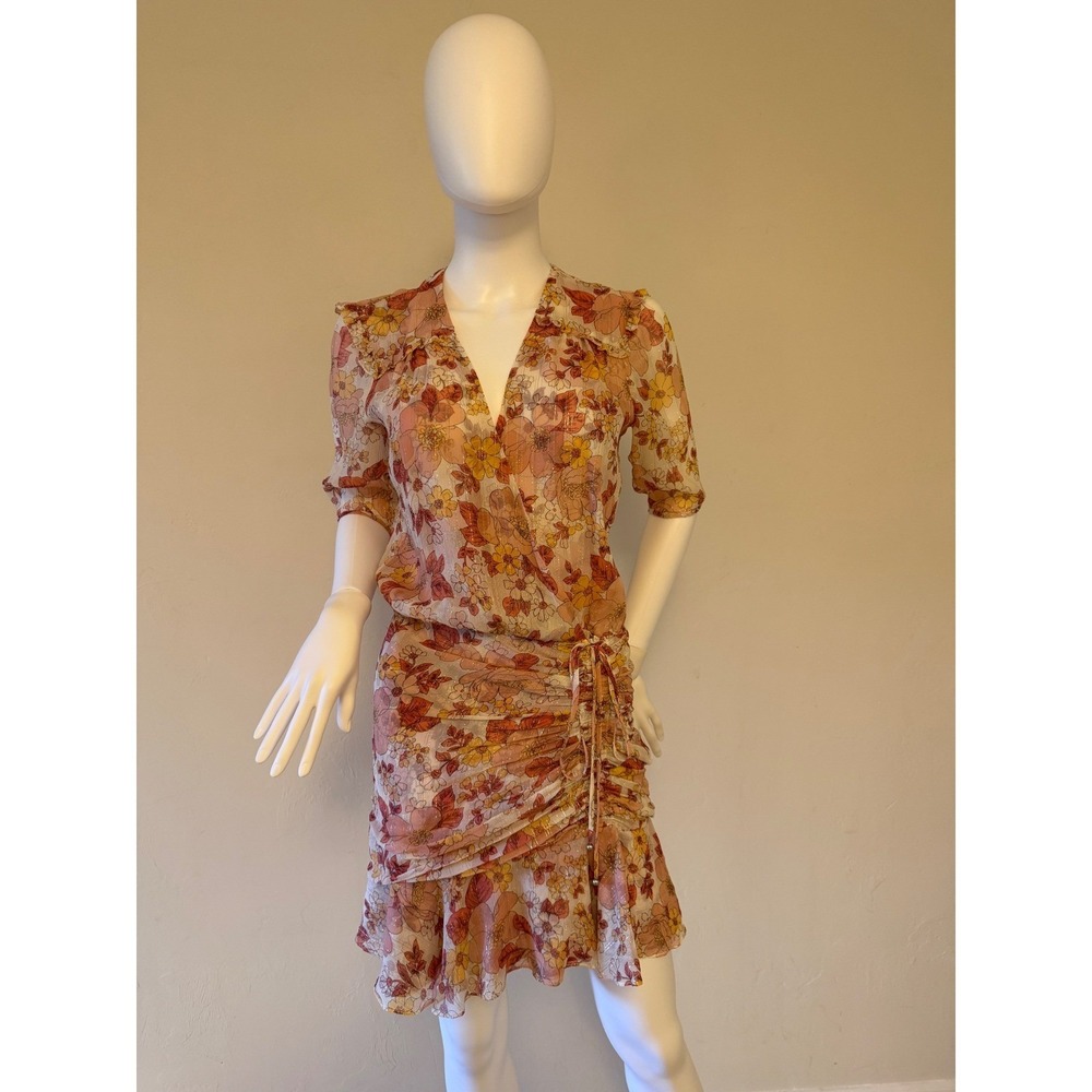 NWOT‎ Veronica Beard Mick Melon Silk & Lurex Floral Ruched Mini Dress Size 2